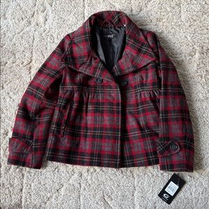 Black Rivet Red and Black Plaid Pea Coat
